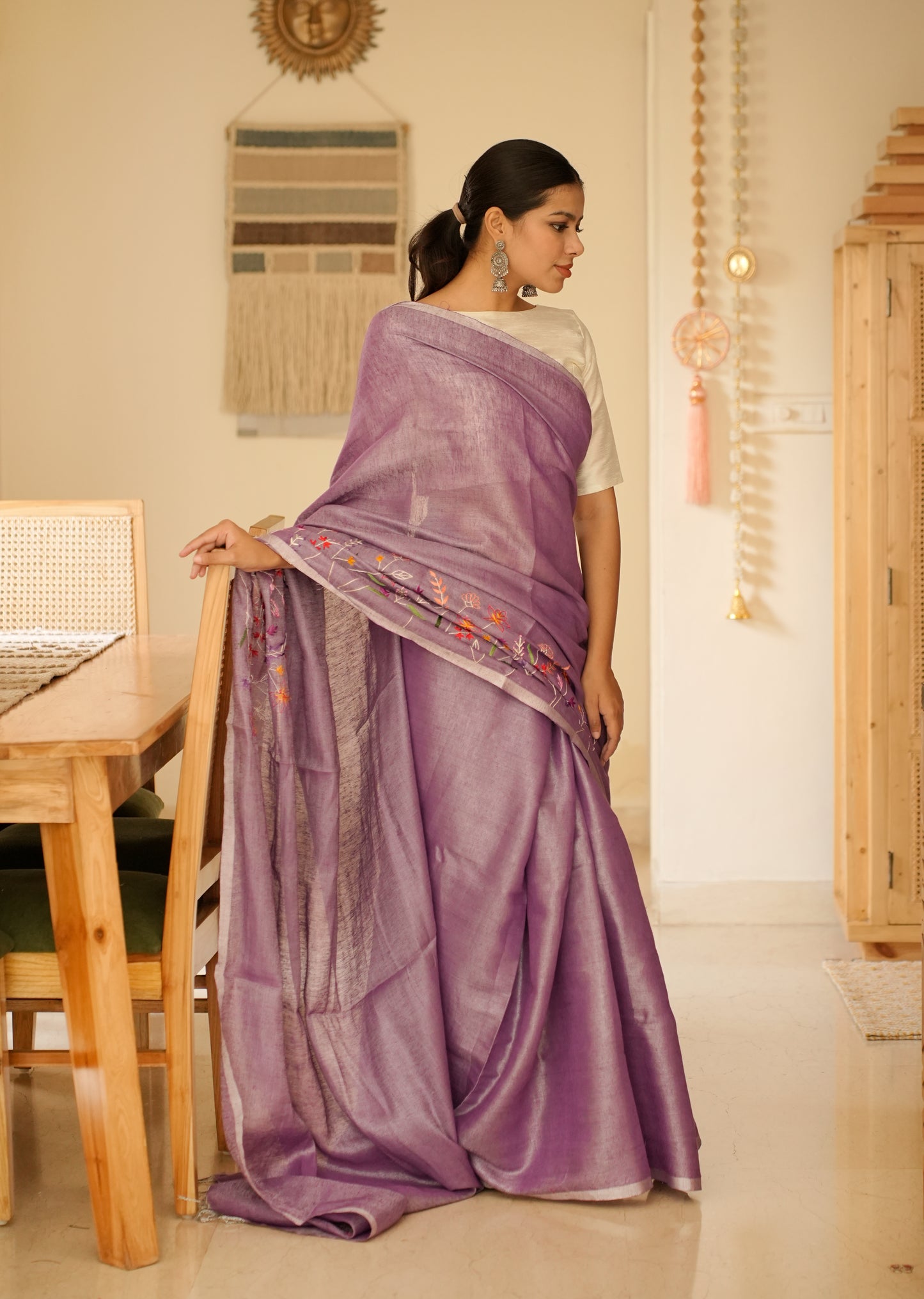 Lavender Bloom Linen Saree with Subtle Embroidery