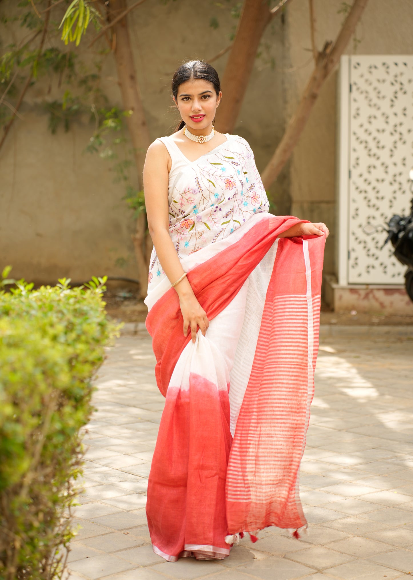 Red & White Blush Bloom Linen Saree With Hand Embroidery