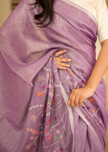 Lavender Bloom Linen Saree with Subtle Embroidery