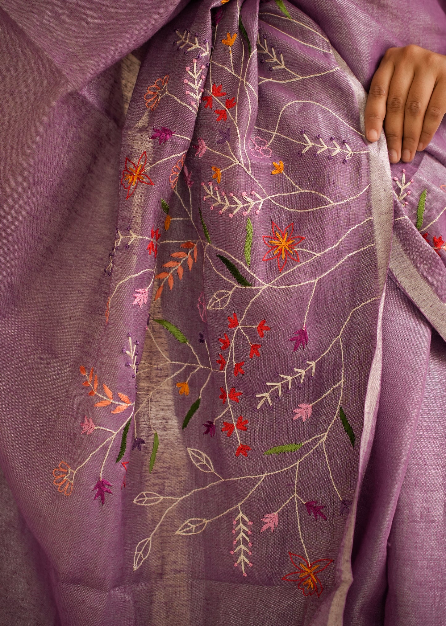 Lavender Bloom Linen Saree with Subtle Embroidery