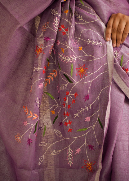 Lavender Bloom Linen Saree with Subtle Embroidery