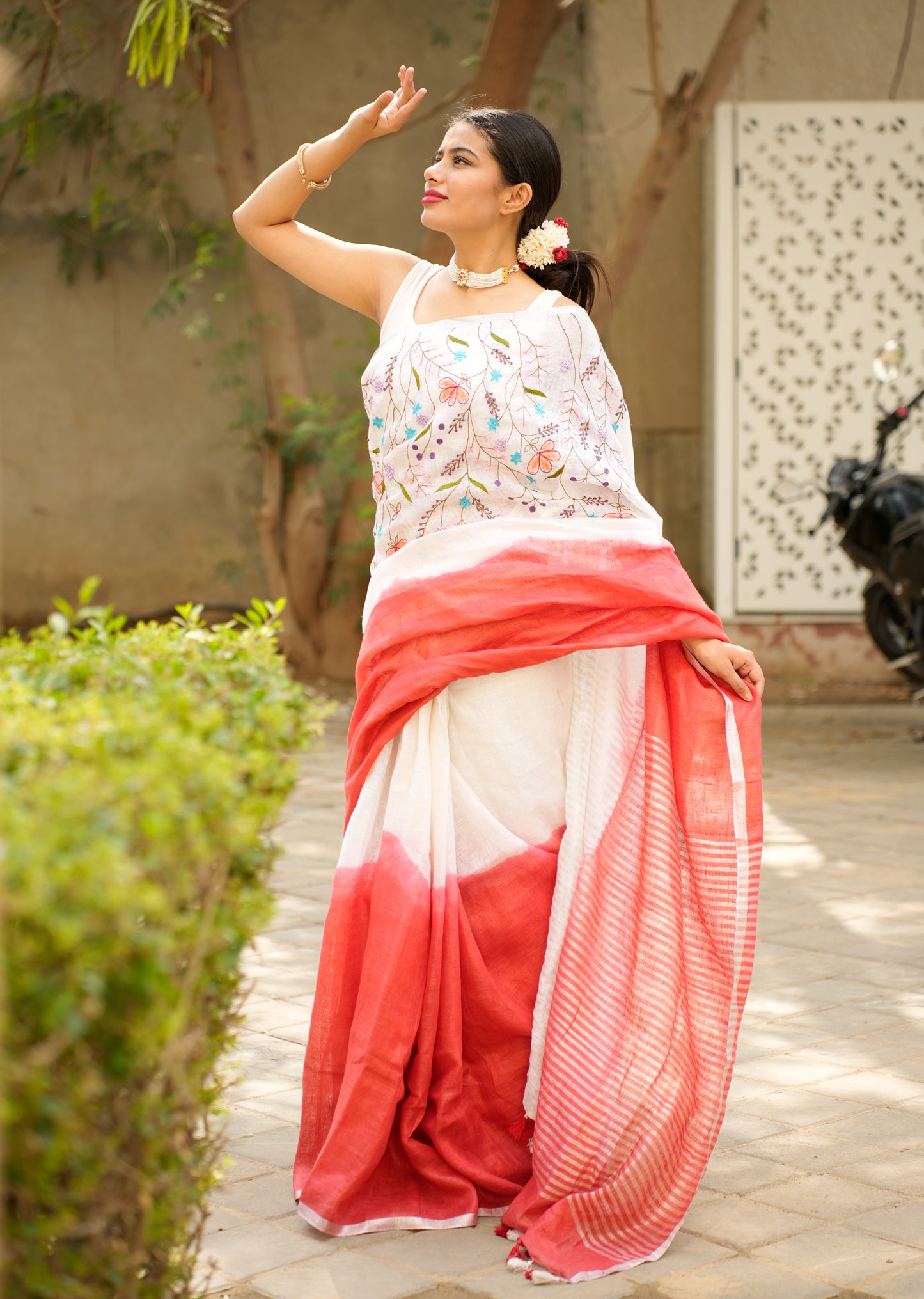 Red & White Blush Bloom Linen Saree With Hand Embroidery