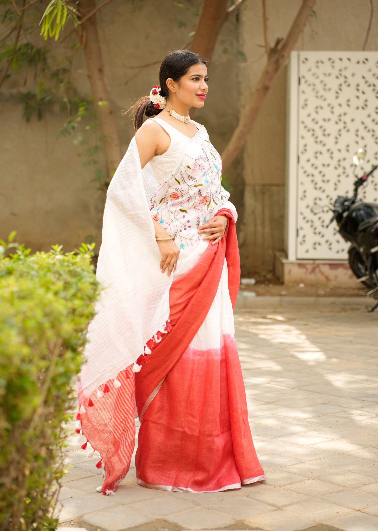 Red & White Blush Bloom Linen Saree With Hand Embroidery