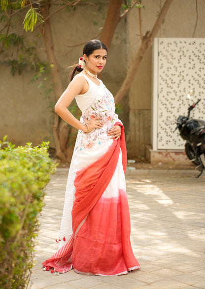 Red & White Blush Bloom Linen Saree With Hand Embroidery
