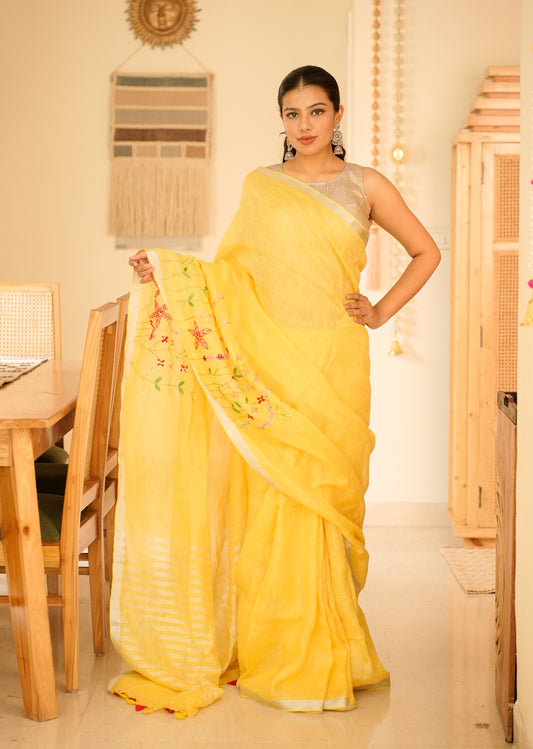 Golden Grace Hand-Embroidered Tissue Linen Saree