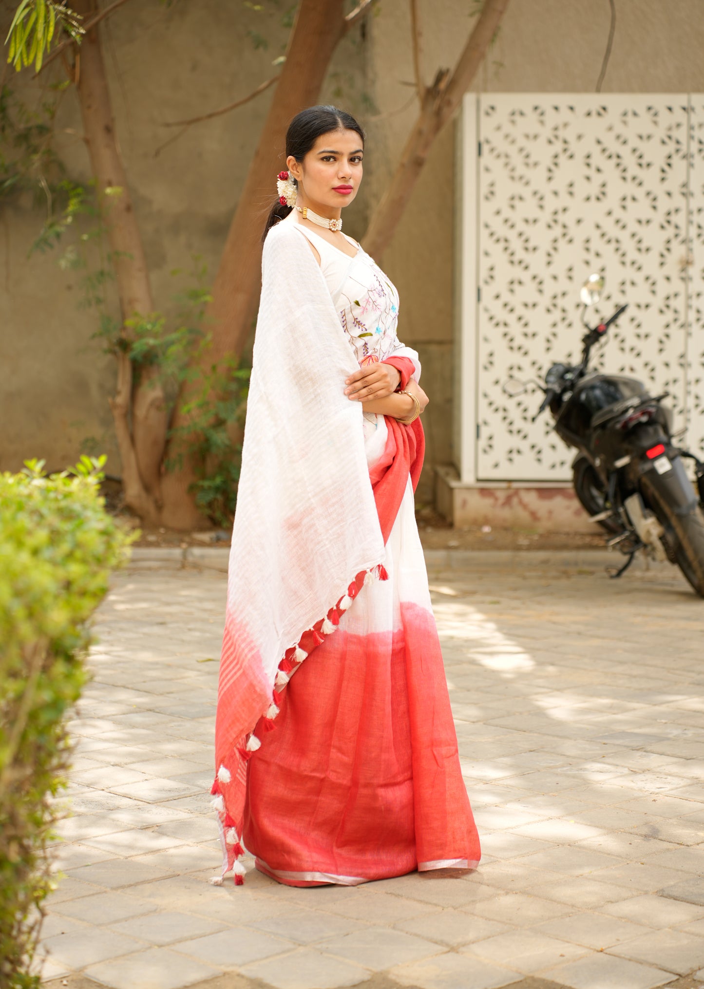 Red & White Blush Bloom Linen Saree With Hand Embroidery