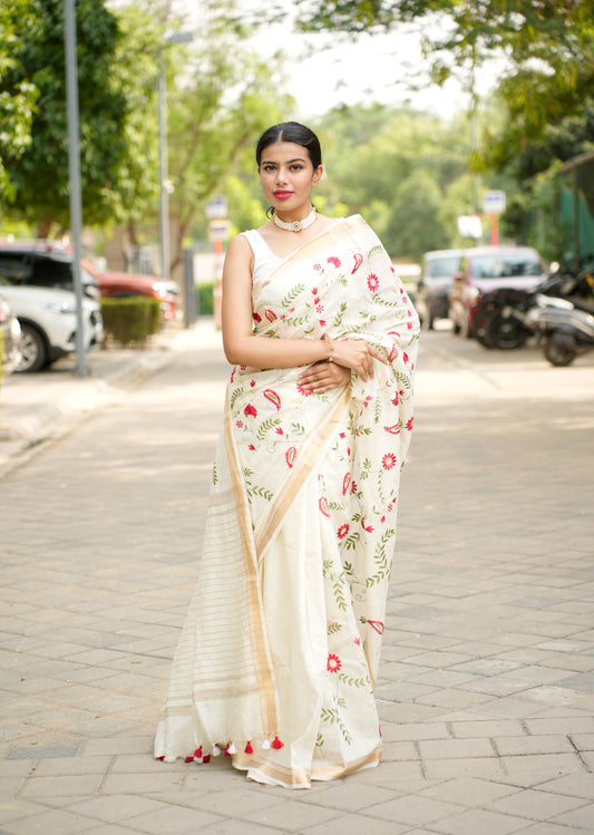 Ivory Garden Embroidered Linen Saree