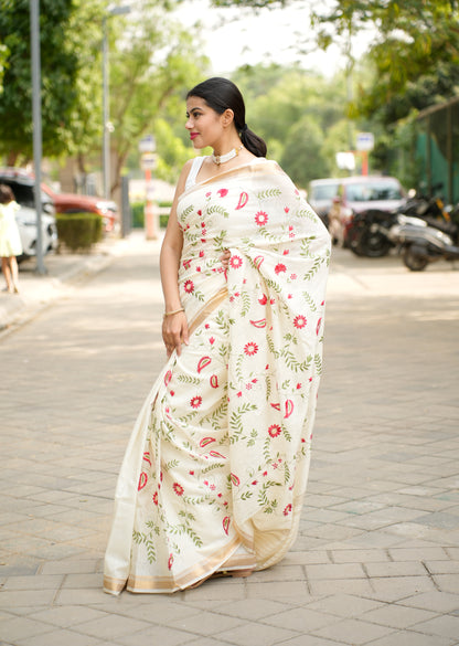 Ivory Garden Embroidered Linen Saree