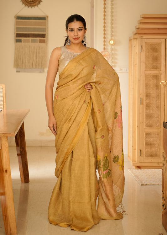 Mustard Garden Handpainted Paithani Linen Saree