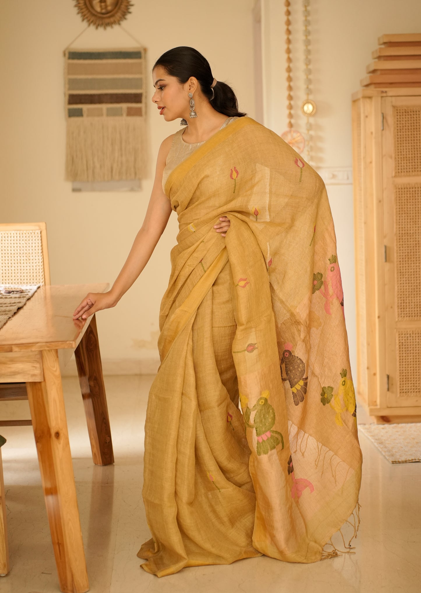 Mustard Garden Handpainted Paithani Linen Saree