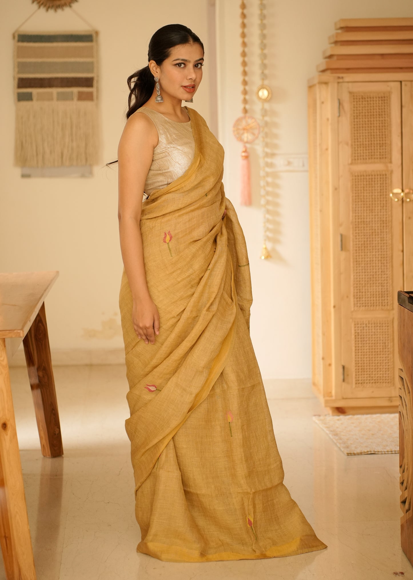 Mustard Garden Handpainted Paithani Linen Saree