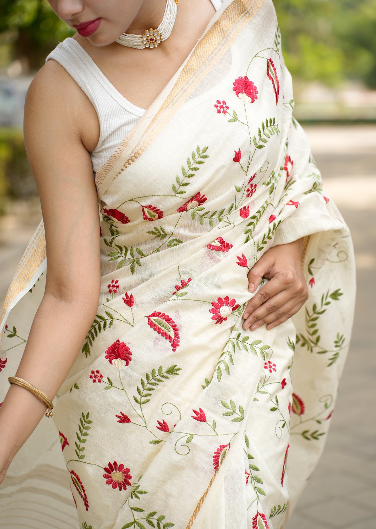 Ivory Garden Embroidered Linen Saree