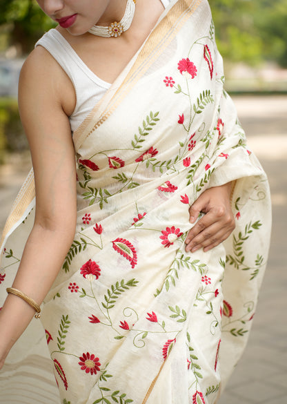 Ivory Garden Embroidered Linen Saree
