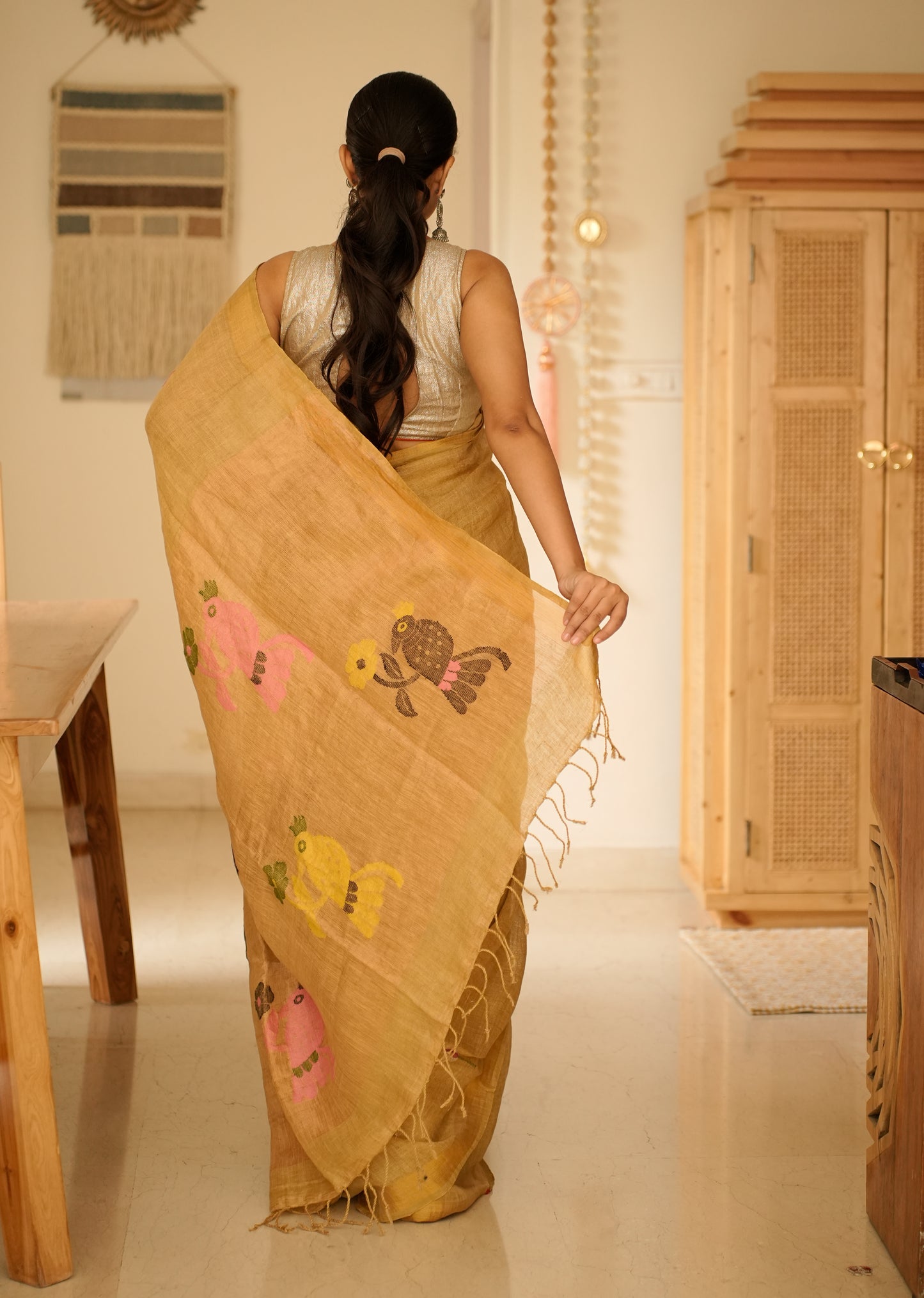 Mustard Garden Handpainted Paithani Linen Saree