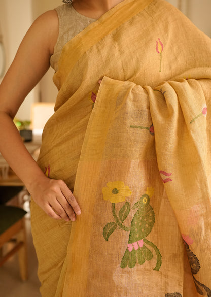 Mustard Garden Handpainted Paithani Linen Saree