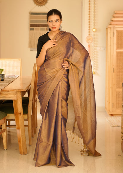 Royal Blue & Antique Gold Handwoven Tissue Linen Saree