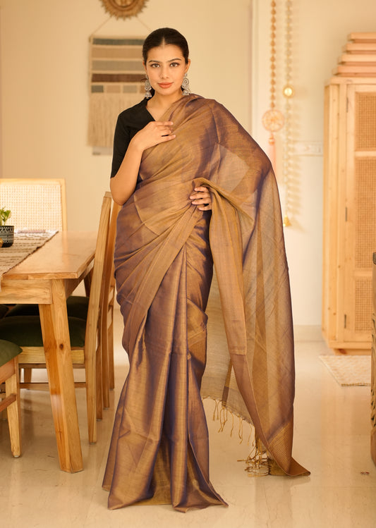 Royal Blue & Antique Gold Handwoven Tissue Linen Saree
