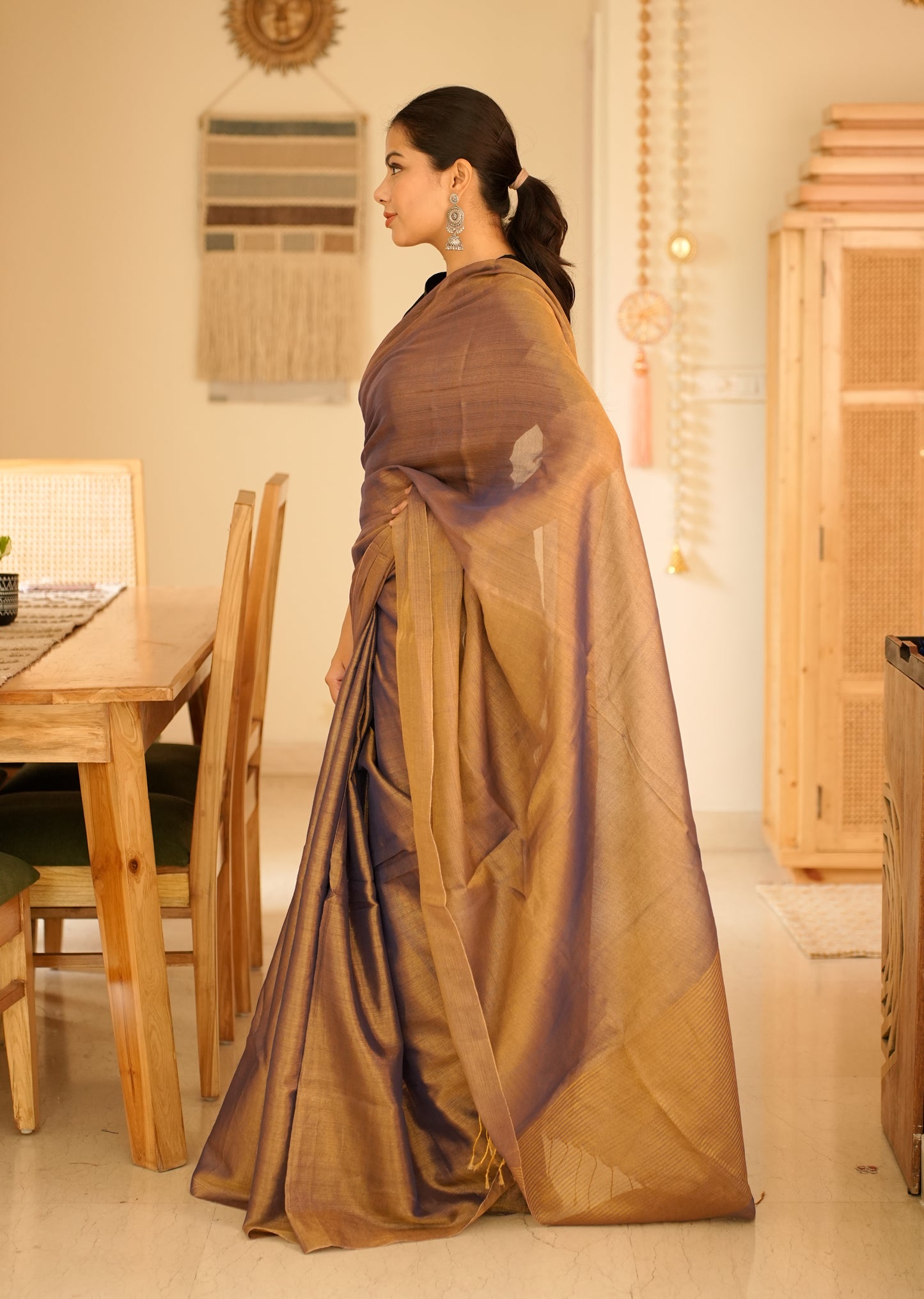 Royal Blue & Antique Gold Handwoven Tissue Linen Saree