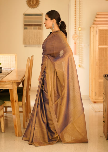 Royal Blue & Antique Gold Handwoven Tissue Linen Saree