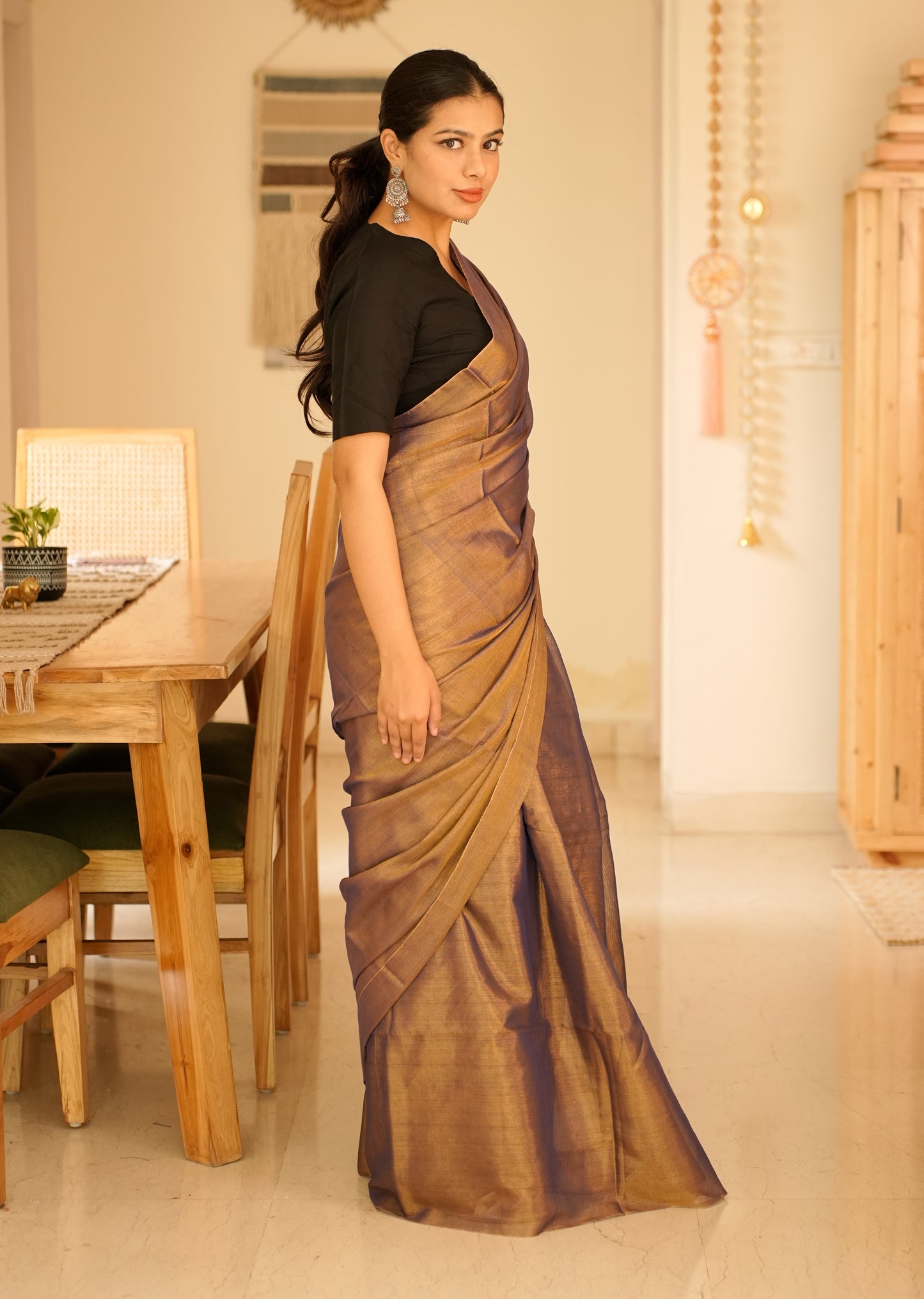 Royal Blue & Antique Gold Handwoven Tissue Linen Saree