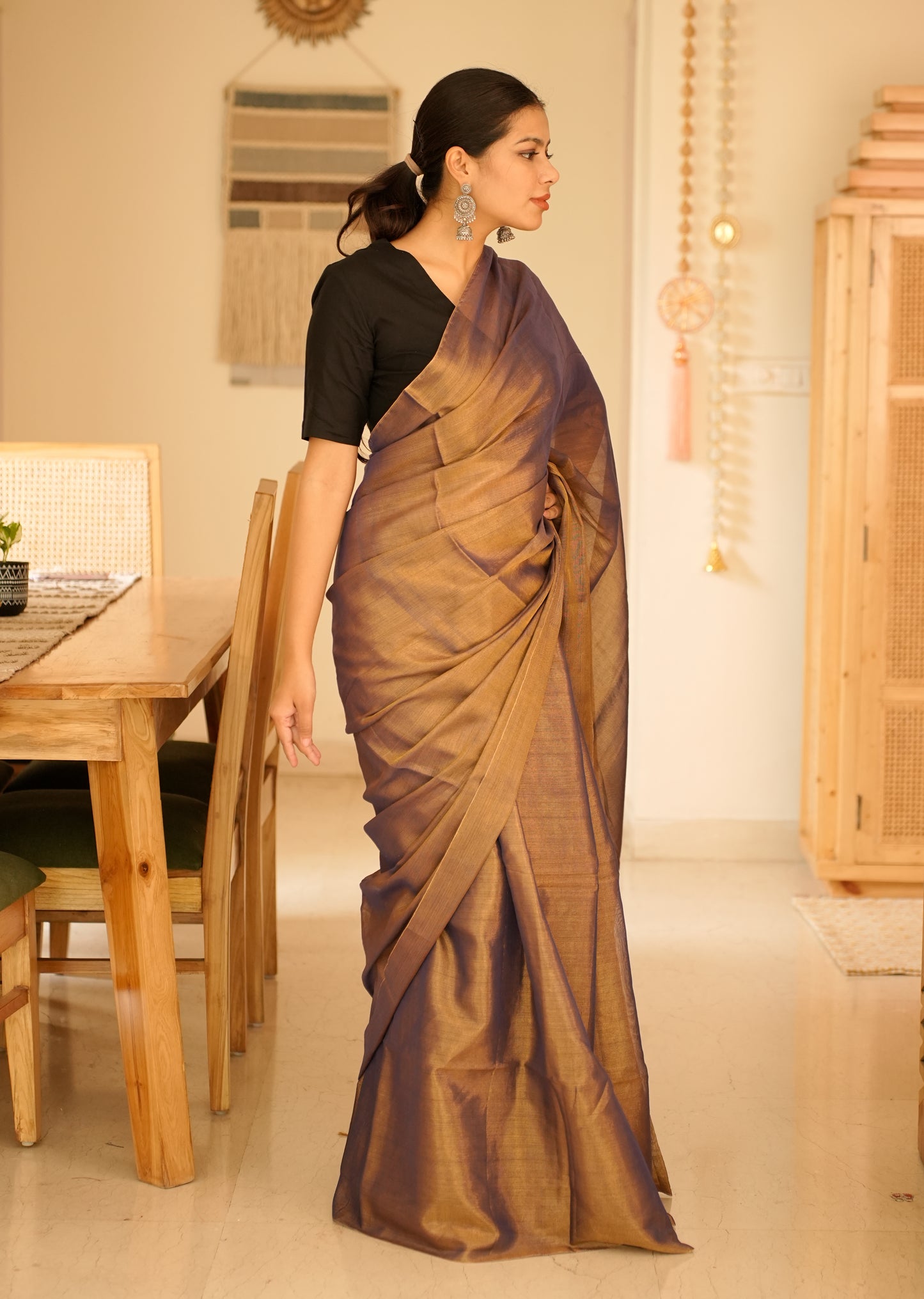 Royal Blue & Antique Gold Handwoven Tissue Linen Saree