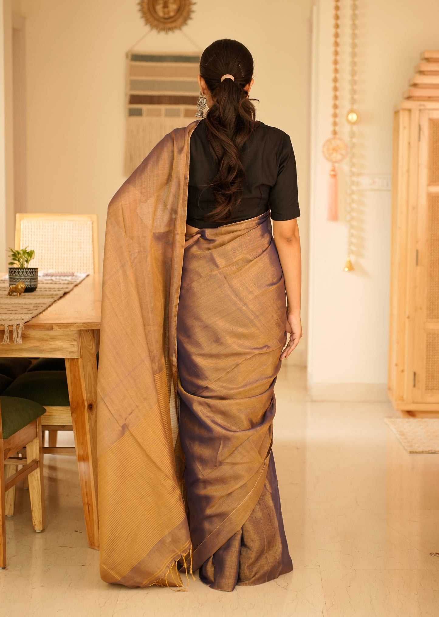 Royal Blue & Antique Gold Handwoven Tissue Linen Saree