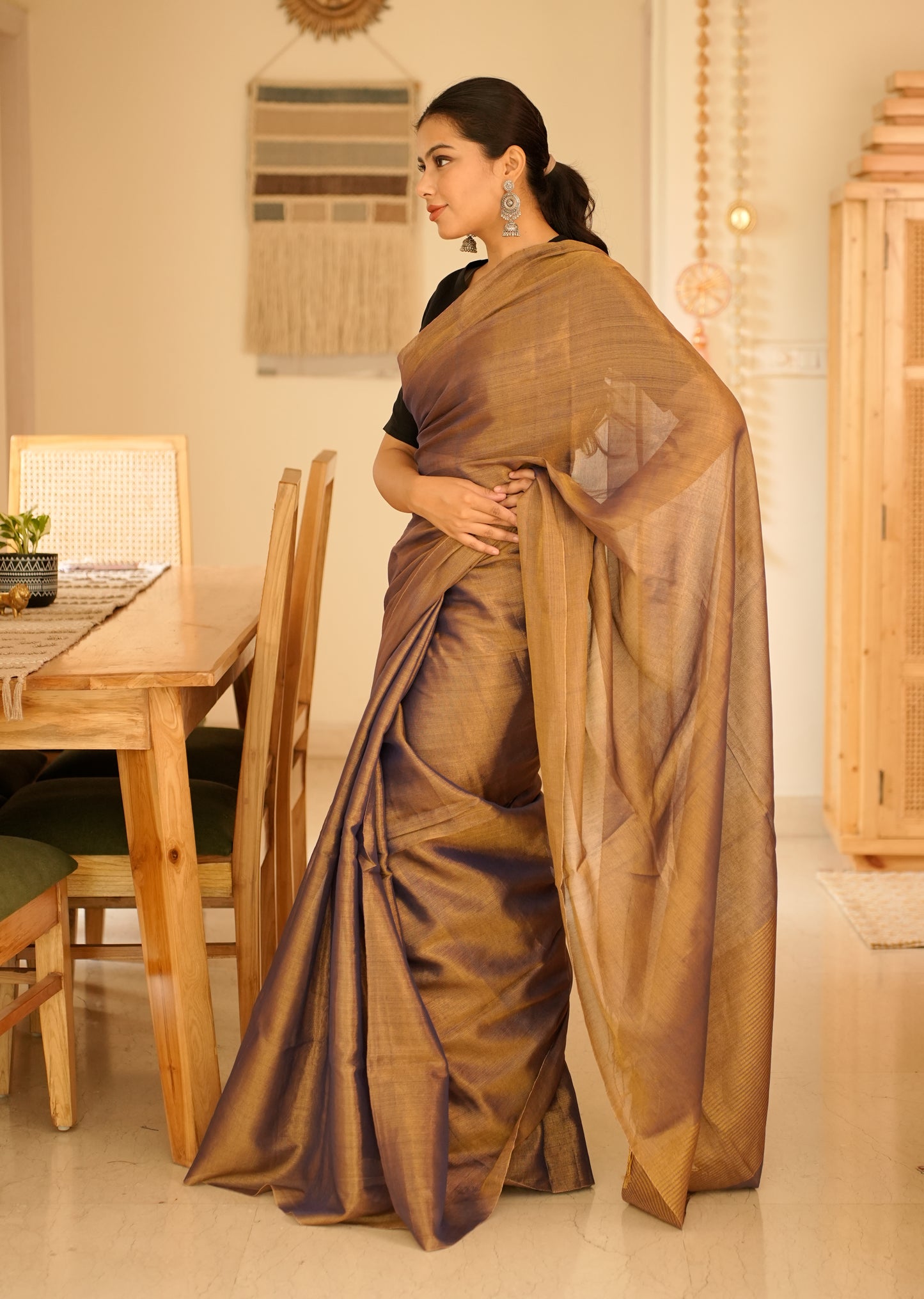 Royal Blue & Antique Gold Handwoven Tissue Linen Saree