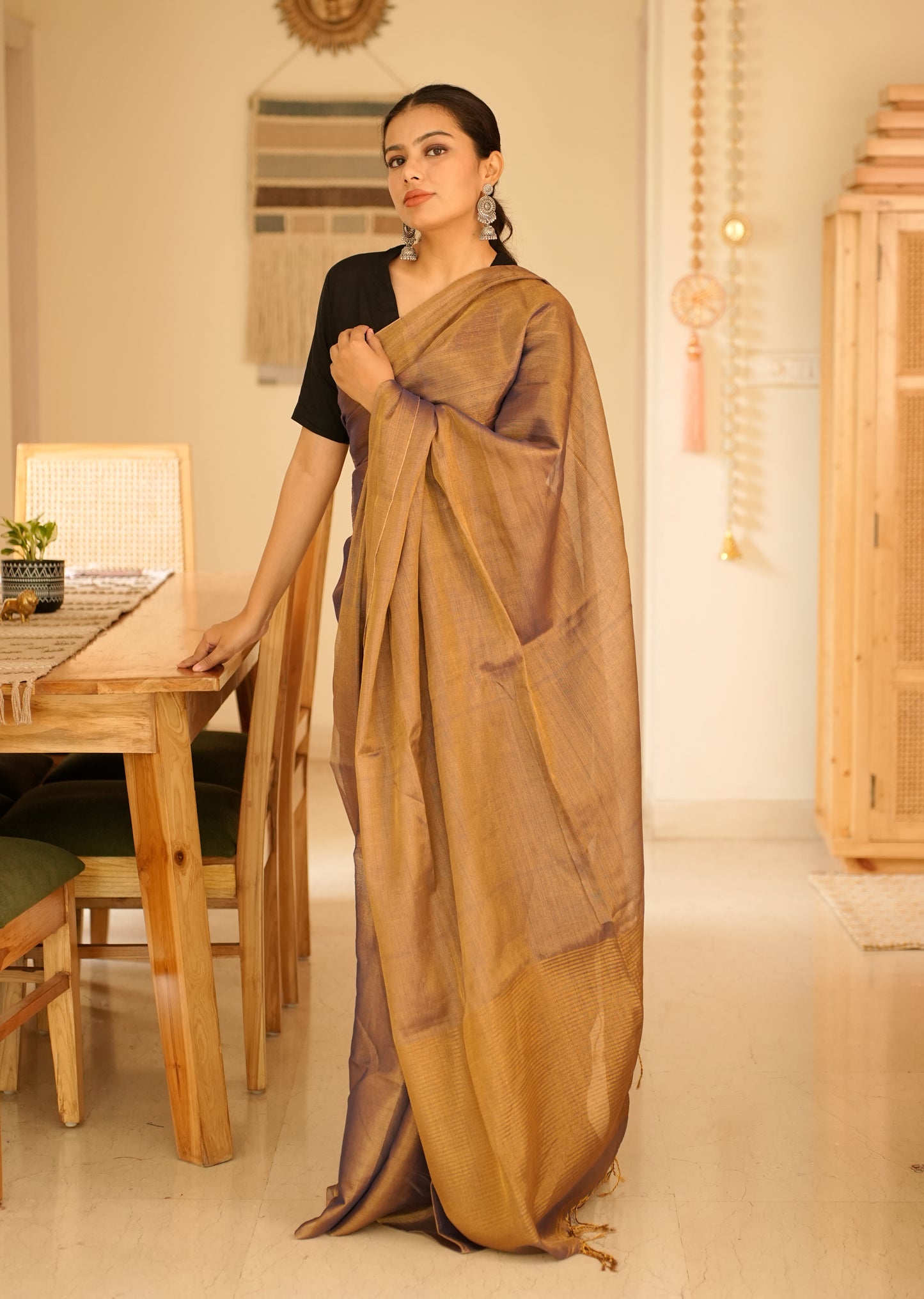 Royal Blue & Antique Gold Handwoven Tissue Linen Saree