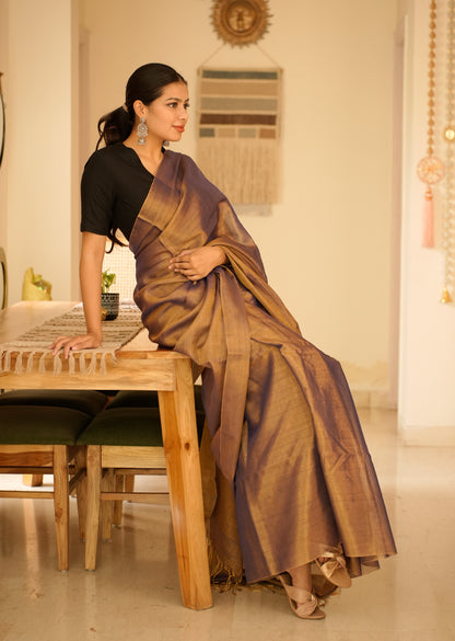 Royal Blue & Antique Gold Handwoven Tissue Linen Saree