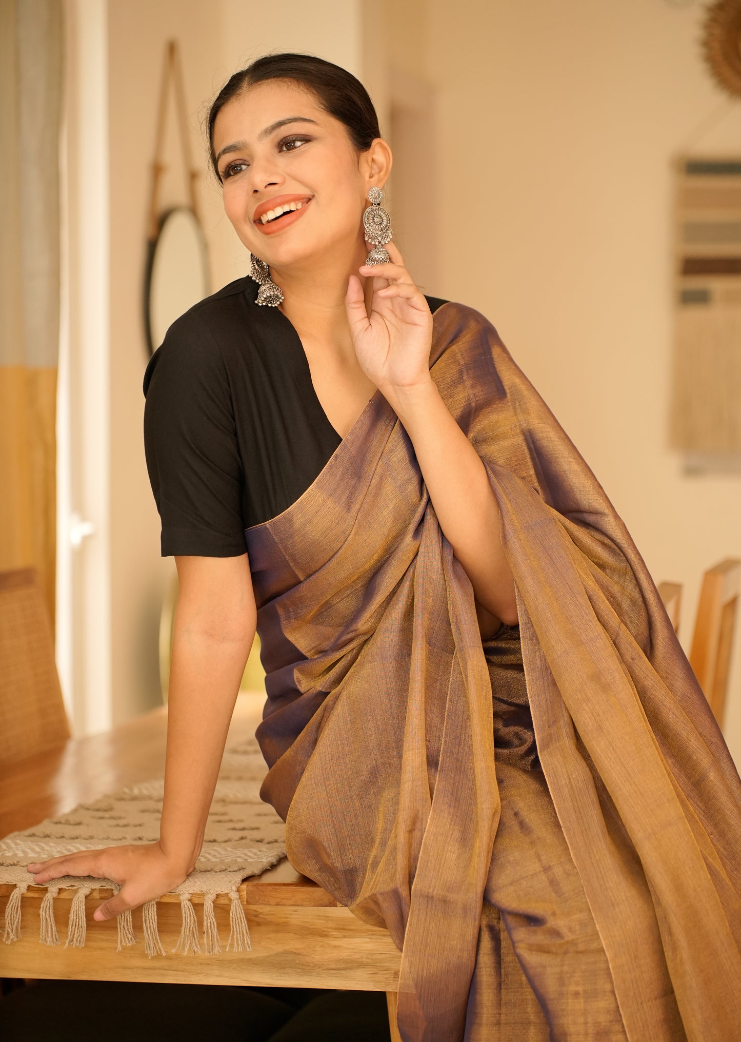 Royal Blue & Antique Gold Handwoven Tissue Linen Saree