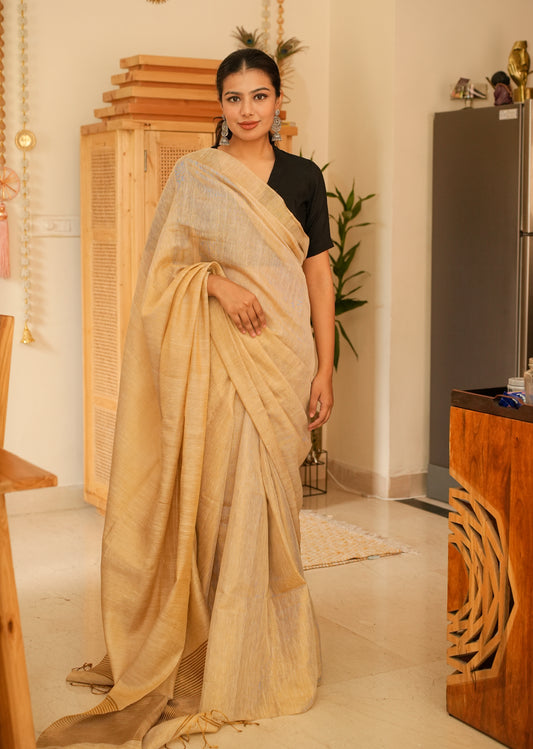 Sunehri – Handwoven Beige-Gold Tissue Linen Saree with Subtle Zari Highlights