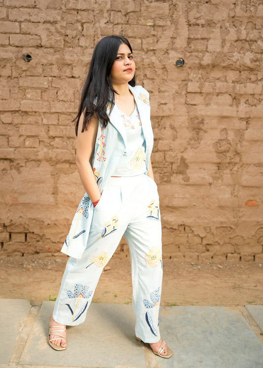 Sky Blue Cotton Co-Ord Set with Sleeveless Jacket