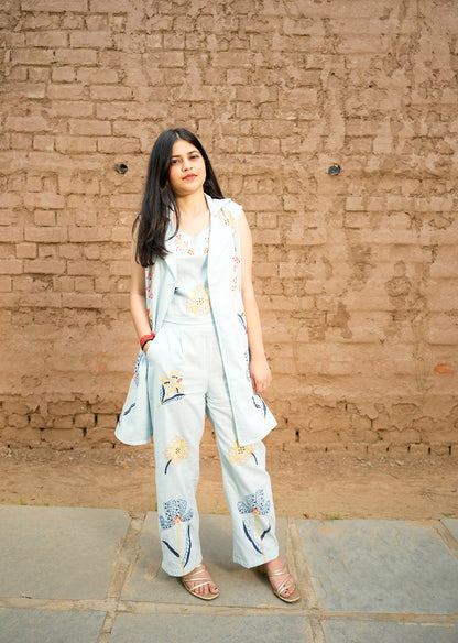 Sky Blue Cotton Co-Ord Set with Sleeveless Jacket