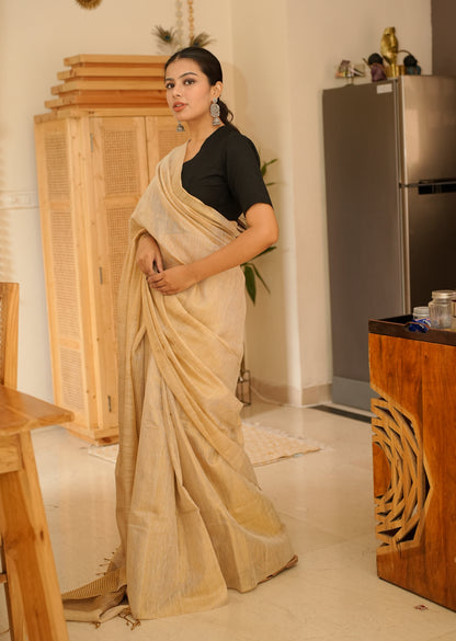 Sunehri – Handwoven Beige-Gold Tissue Linen Saree with Subtle Zari Highlights