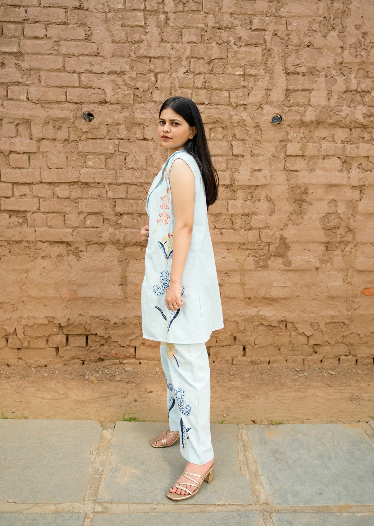 Sky Blue Cotton Co-Ord Set with Sleeveless Jacket