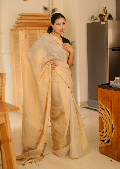 Sunehri – Handwoven Beige-Gold Tissue Linen Saree with Subtle Zari Highlights