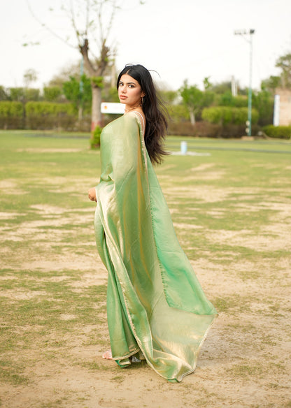 Elegant Green & Gold Dual-Tone Saree