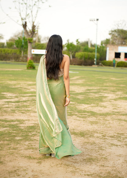 Elegant Green & Gold Dual-Tone Saree