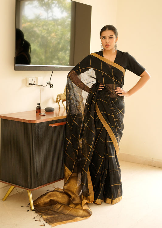 Black Linen Saree with Golden Zari Checks & Border