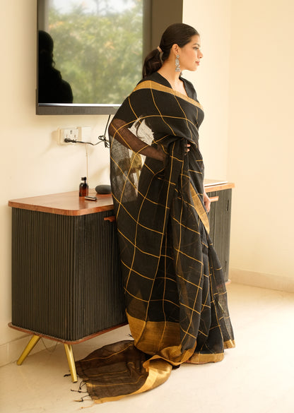 Black Linen Saree with Golden Zari Checks & Border