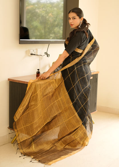 Black Linen Saree with Golden Zari Checks & Border
