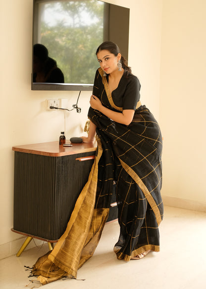 Black Linen Saree with Golden Zari Checks & Border