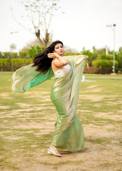 Elegant Green & Gold Dual-Tone Saree