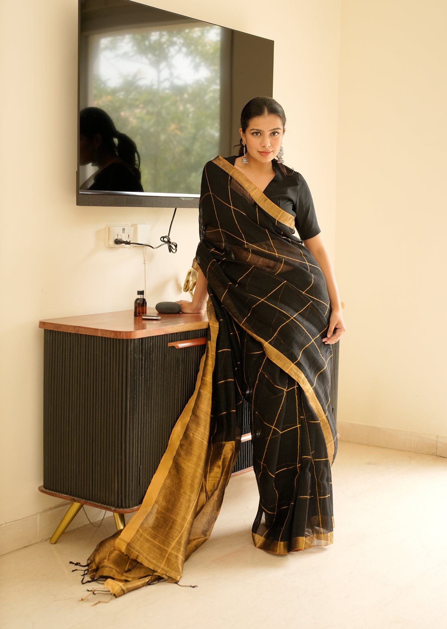 Black Linen Saree with Golden Zari Checks & Border