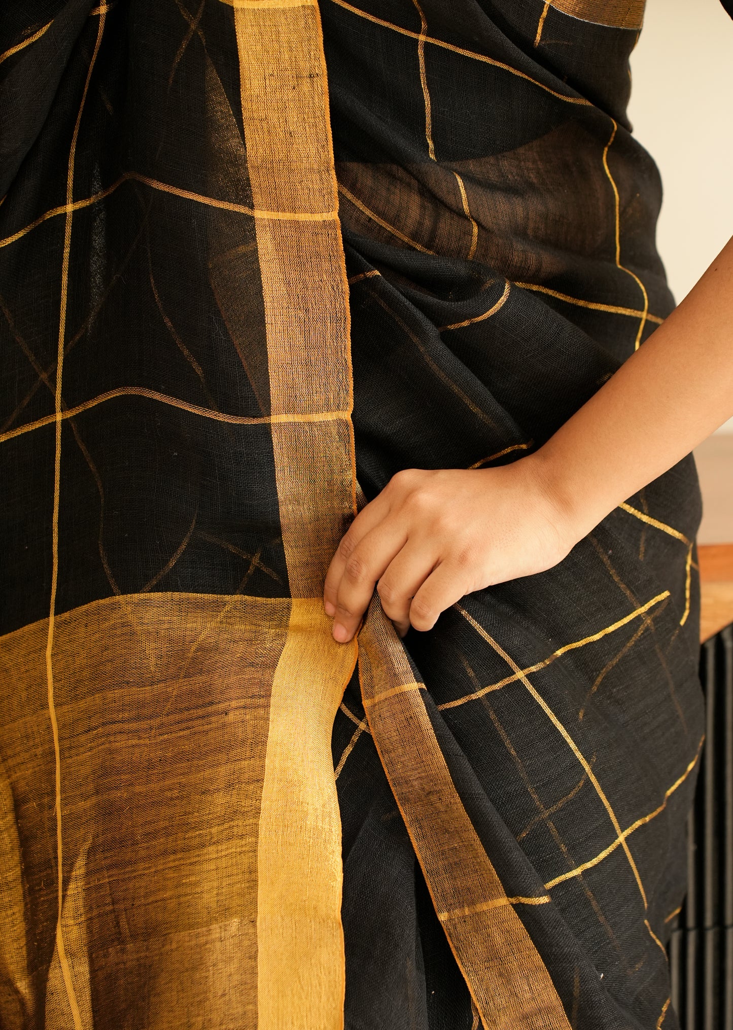 Black Linen Saree with Golden Zari Checks & Border