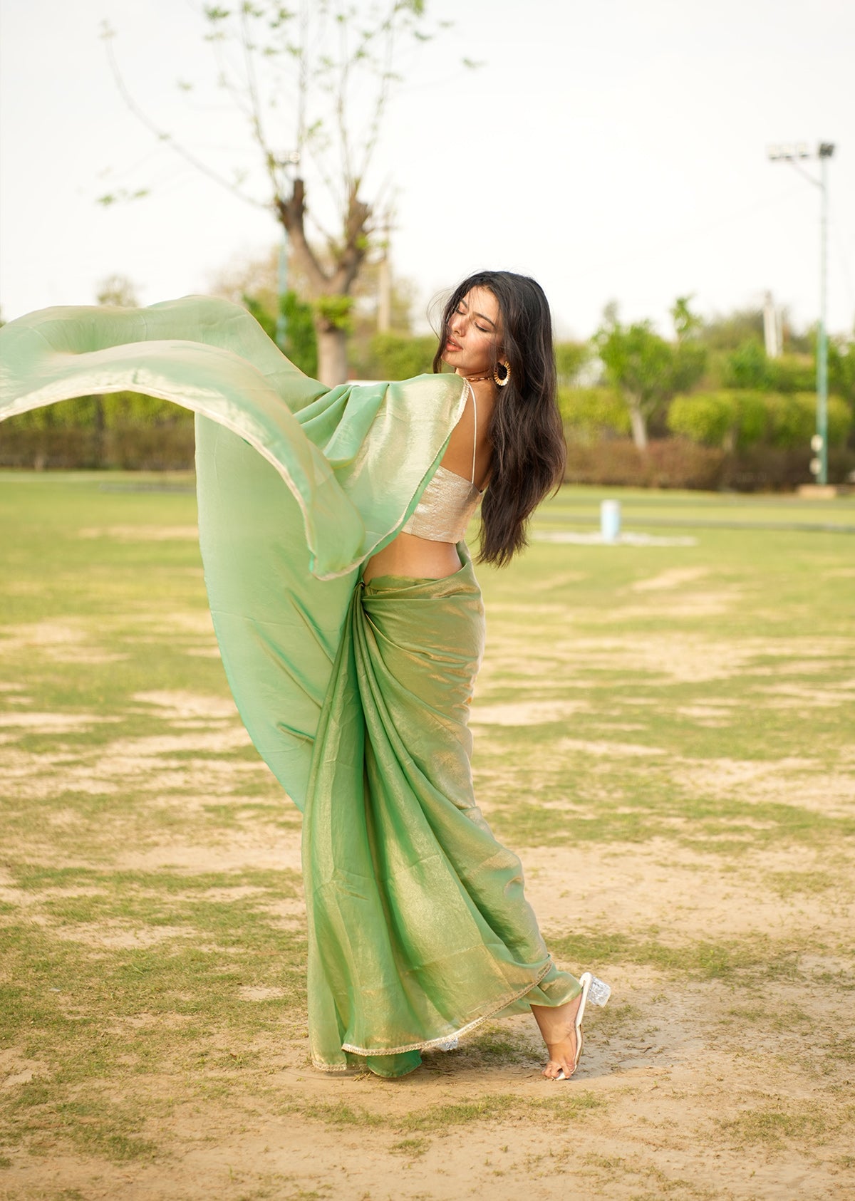 Elegant Green & Gold Dual-Tone Saree
