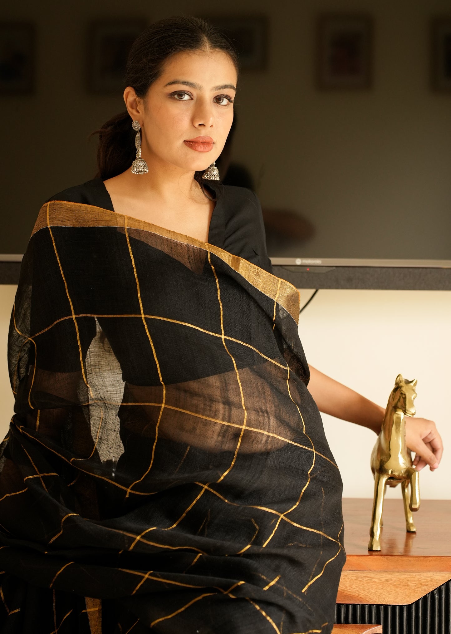 Black Linen Saree with Golden Zari Checks & Border
