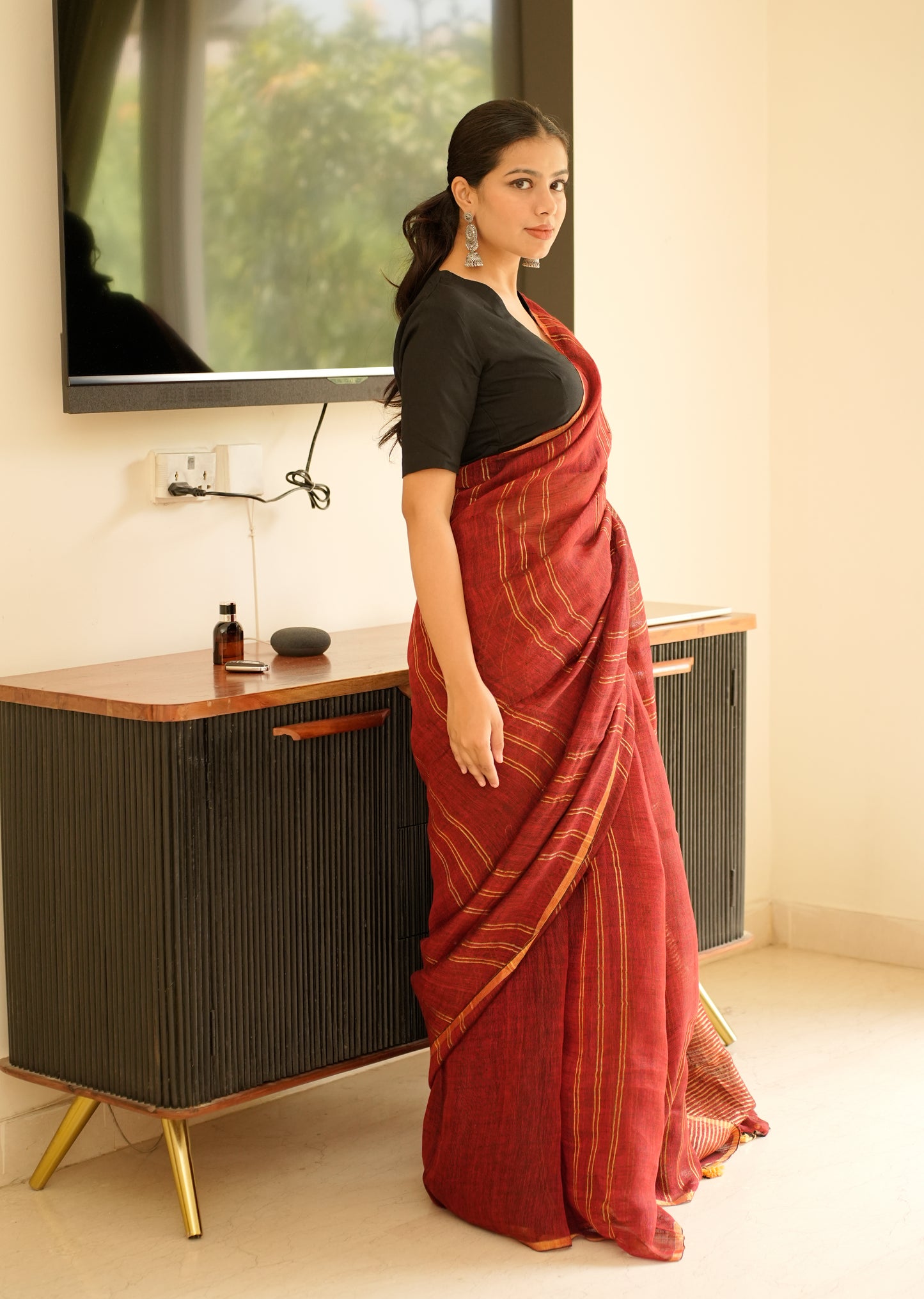 Rich Maroon Linen Saree with Golden Stripes