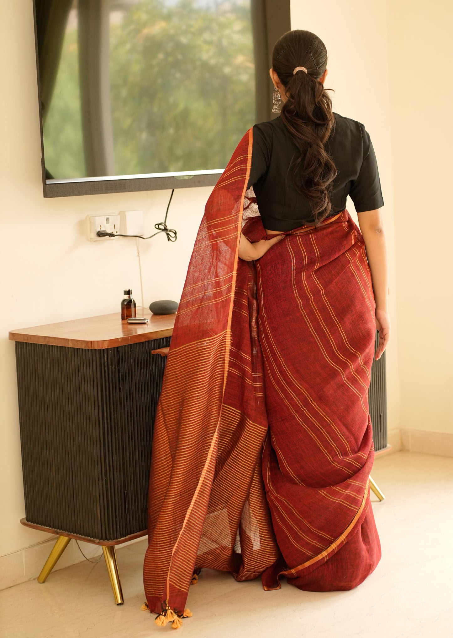 Rich Maroon Linen Saree with Golden Stripes