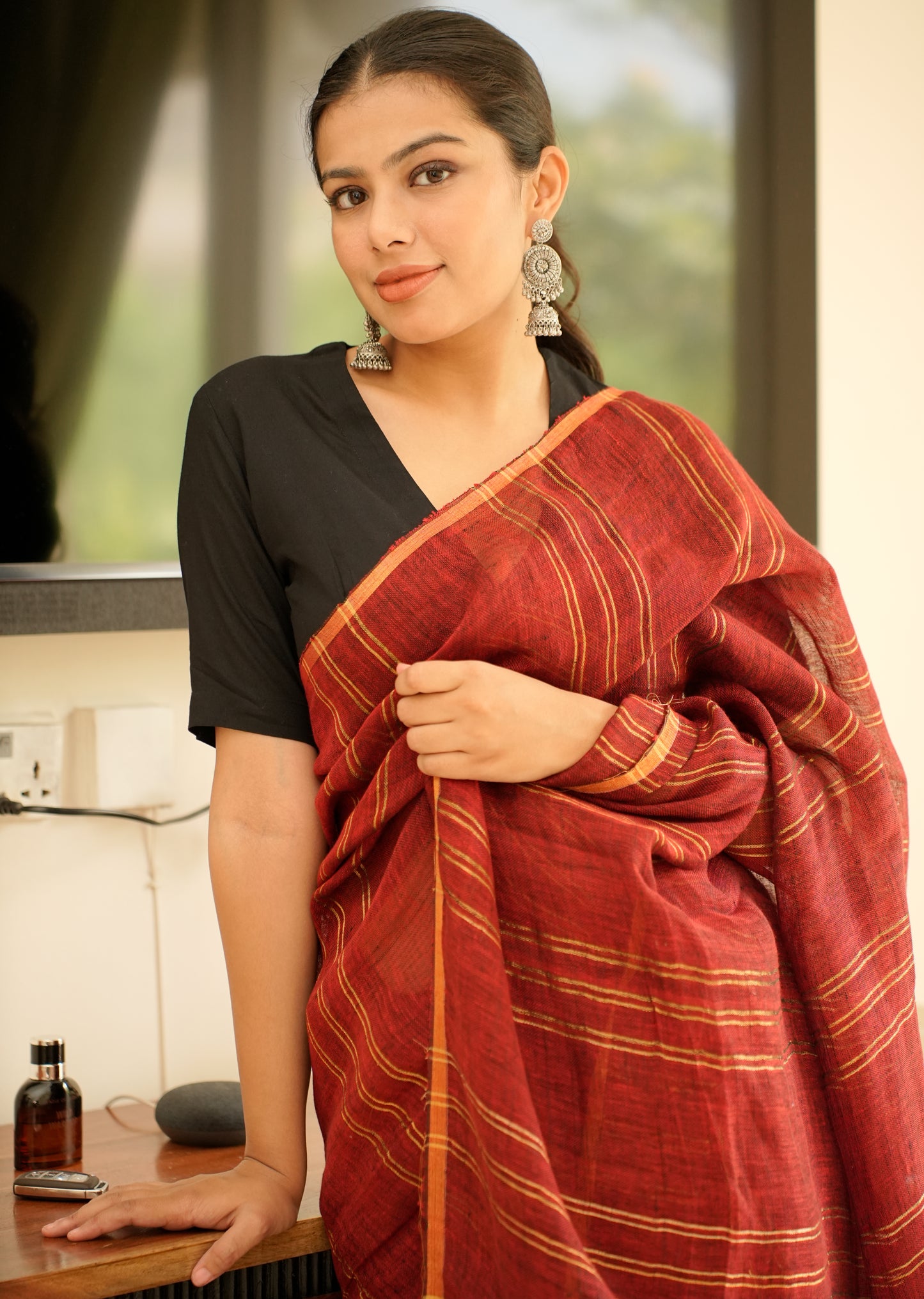 Rich Maroon Linen Saree with Golden Stripes